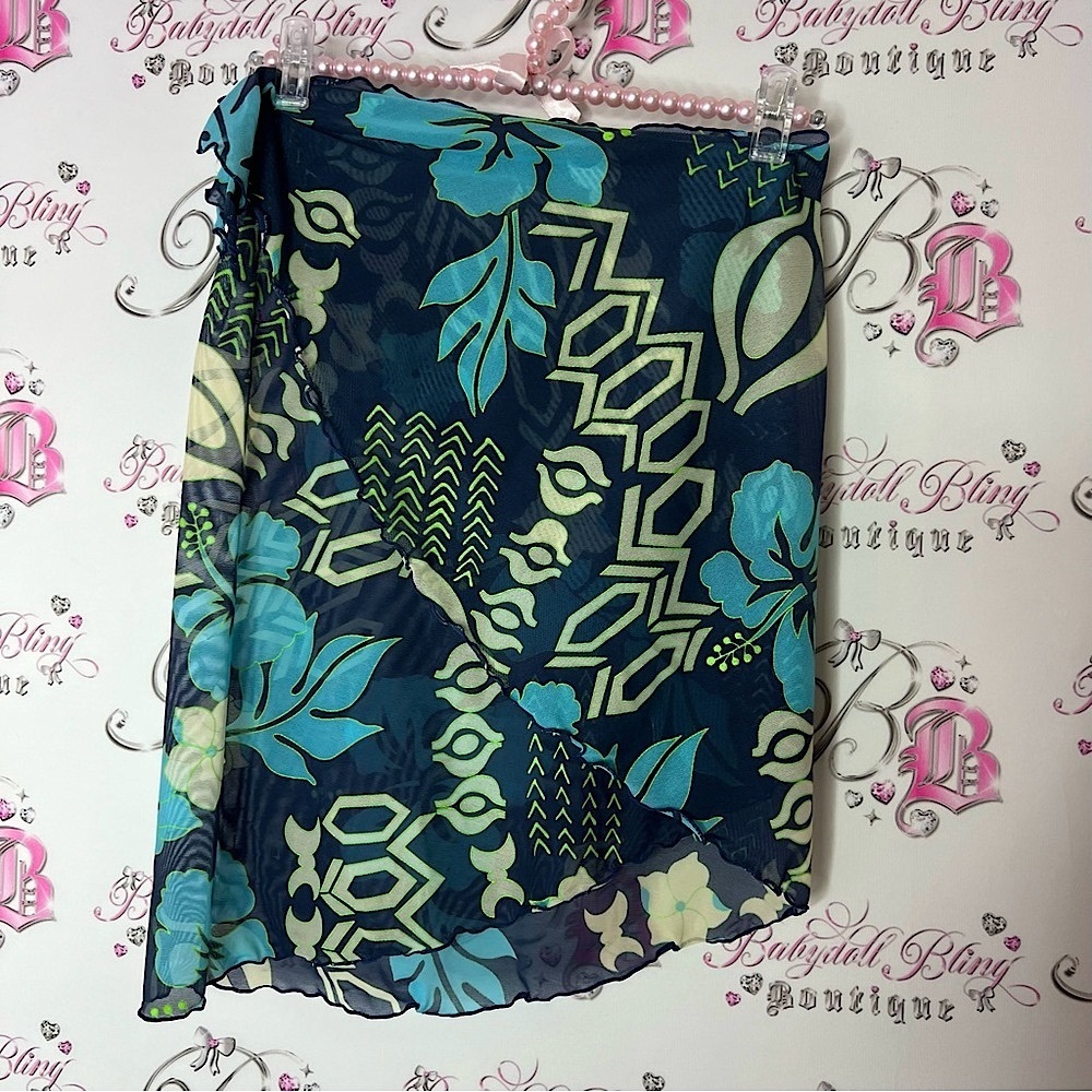 Skirt mesh wrap style tie up Floral Blue Sarong Cover-Up beach swim cute blue